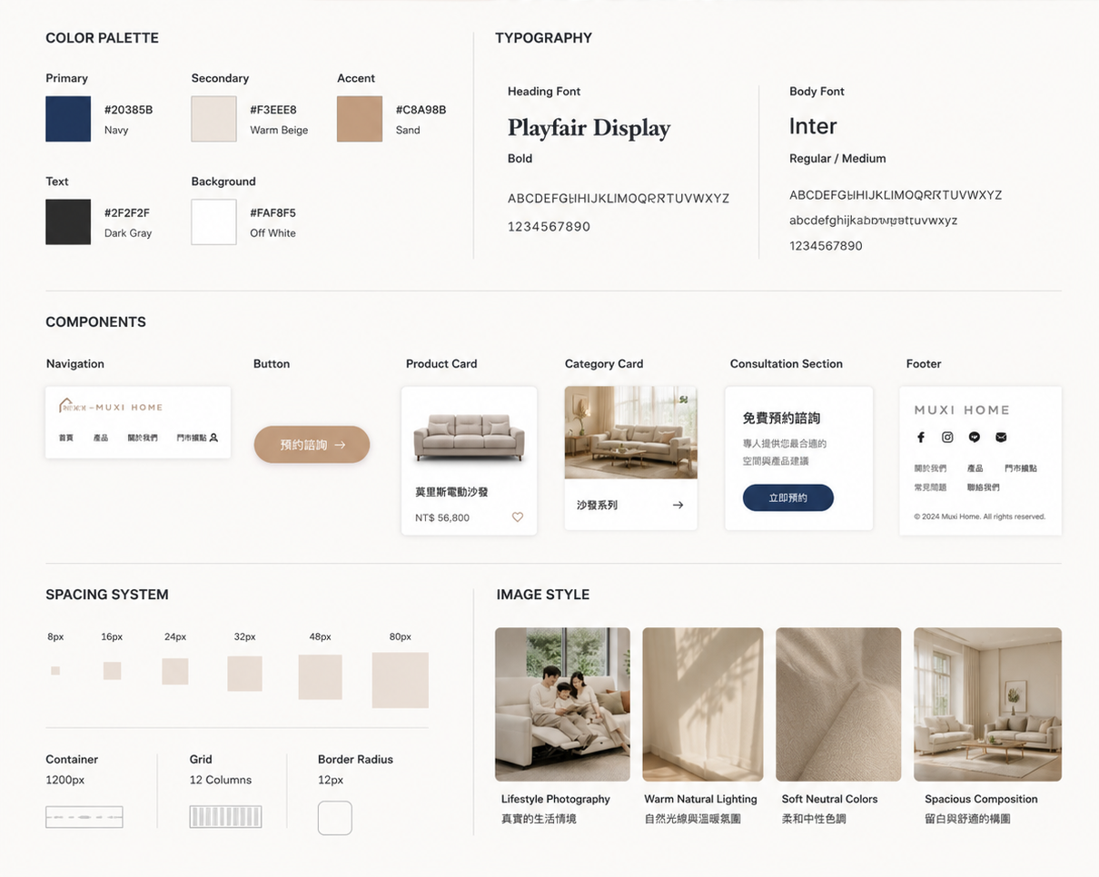 Muxi Home design system with color palette, typography, components, spacing, and image style